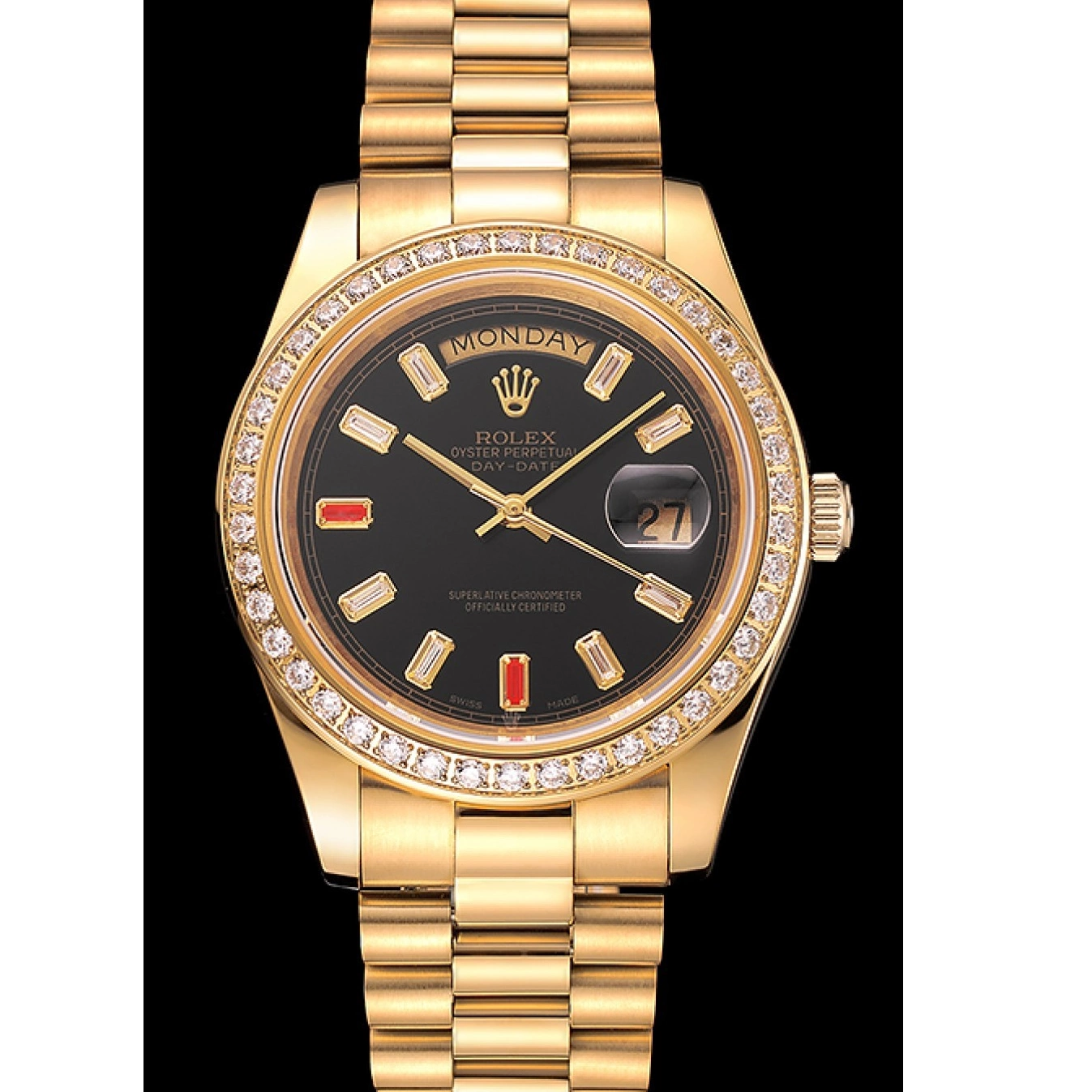 Good Copy Rolex Watches 1454101 Black Swiss Rolex Gold Diamonds Dial And Bracelet Rubies Day-Date 0803